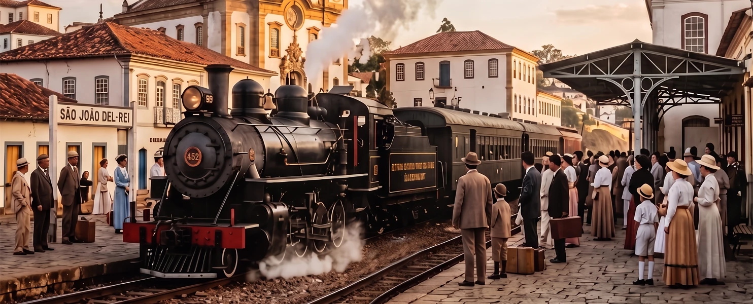 Página do livro mostrando São João del-Rei e a Maria-Fumaça, livro Minas Gerais