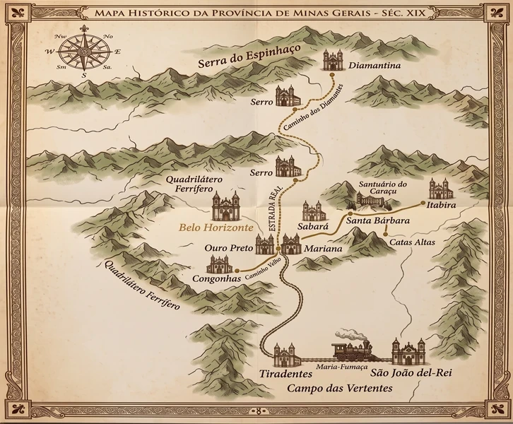Página do mapa histórico no miolo do livro Minas Gerais